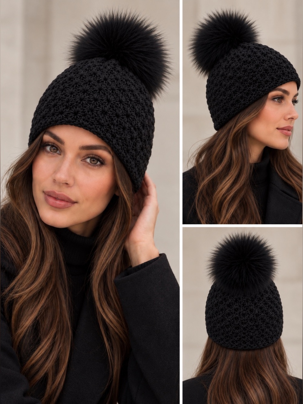 Surell Knit Beanie OS – Black, Fox Fur Pom Pom, Textured Winter Hat